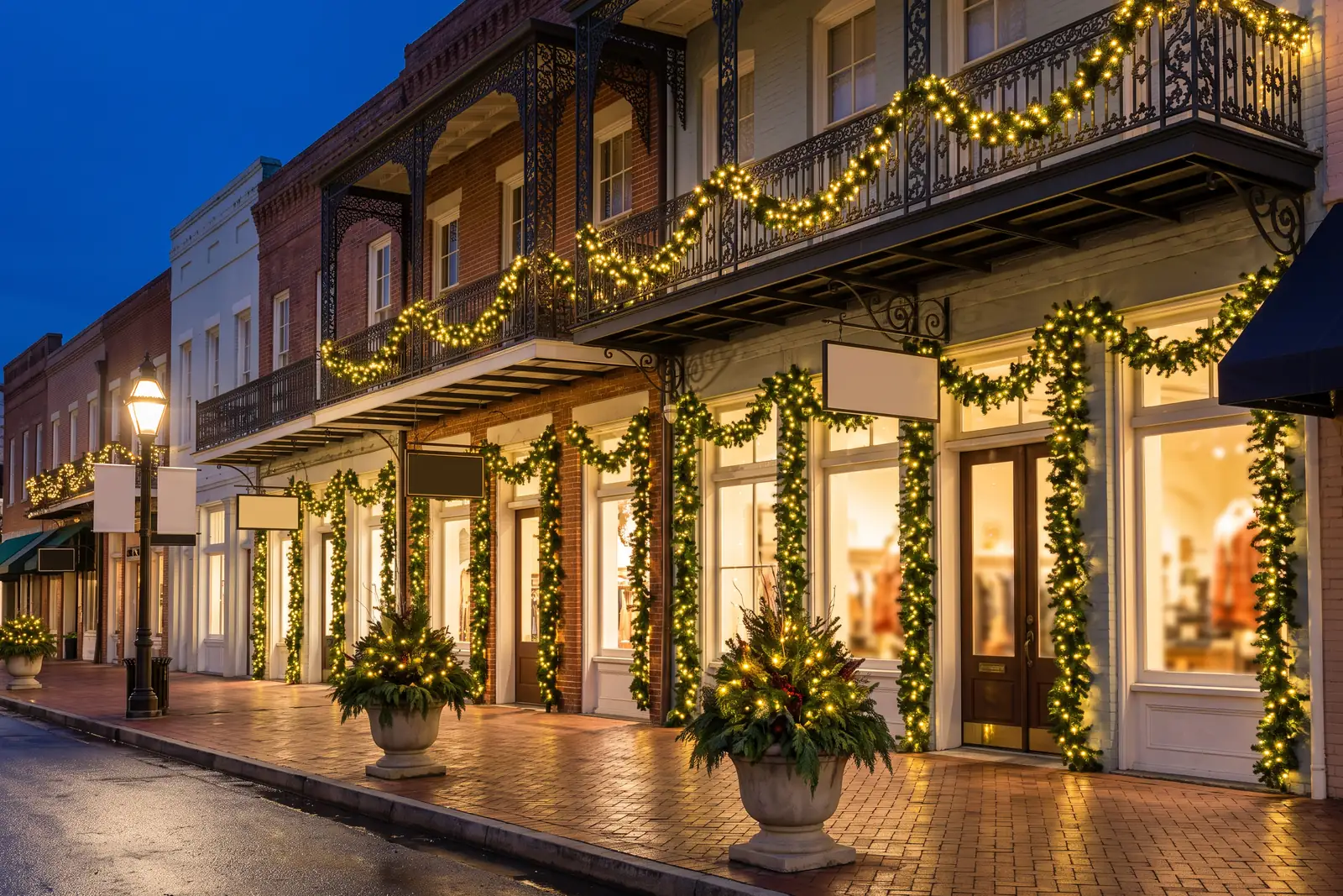 Historic brick storefronts framed with lit garland, design concept