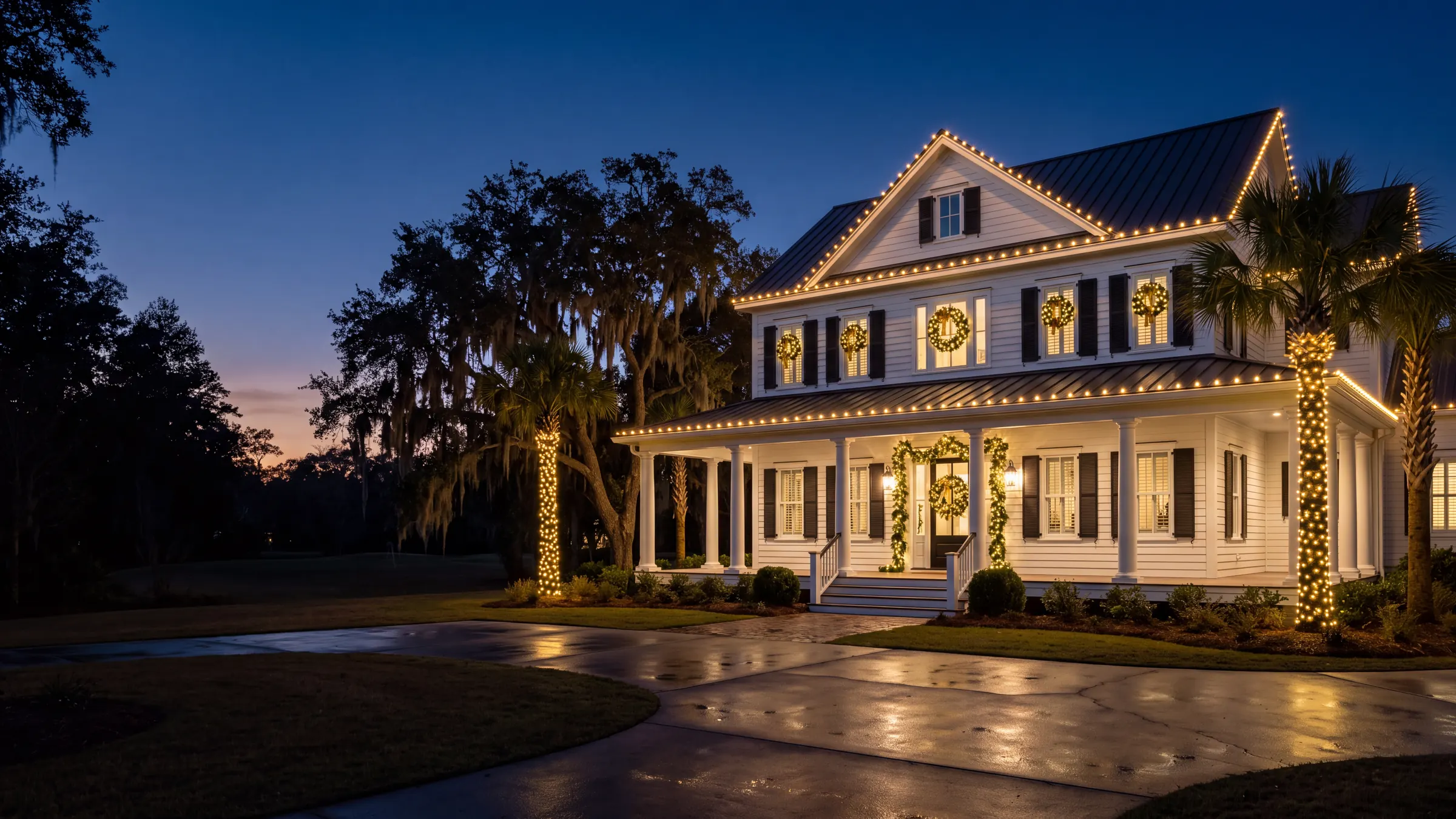 Two-story white Southern coastal home with a wraparound porch at dusk, warm-white bulbs outlining every roofline and gable, lit garland and wreaths at the entry and windows, light-wrapped palm trunks, and a wet driveway reflecting the lights.