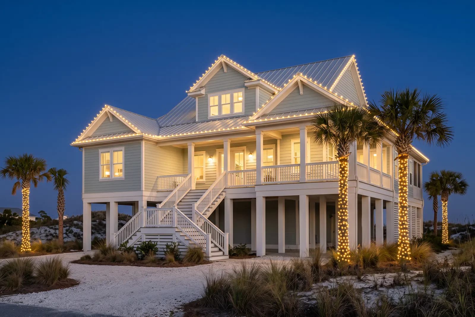Raised beach house on white pilings at dusk with warm-white bulbs along every roofline and gable, light-wrapped palm trees, and dune grasses around a white shell driveway.