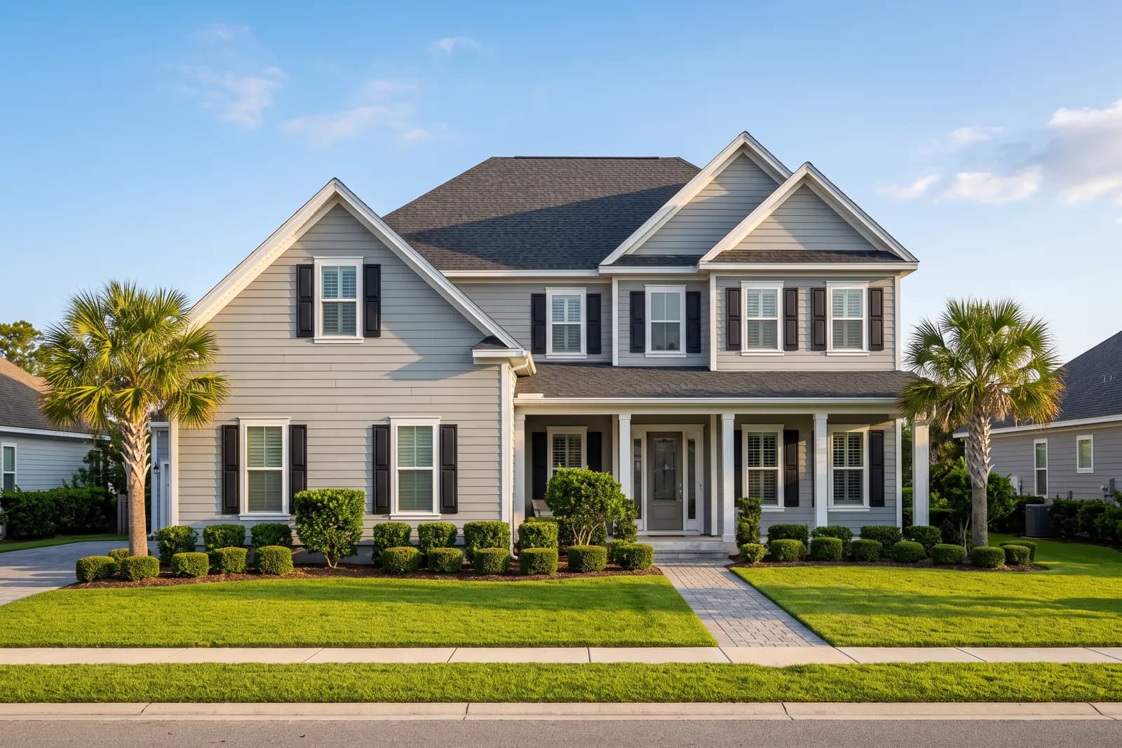 Daytime photo of a two-story gray-sided home with black shutters, a covered front porch, two palm trees and a manicured lawn, with no holiday lighting.