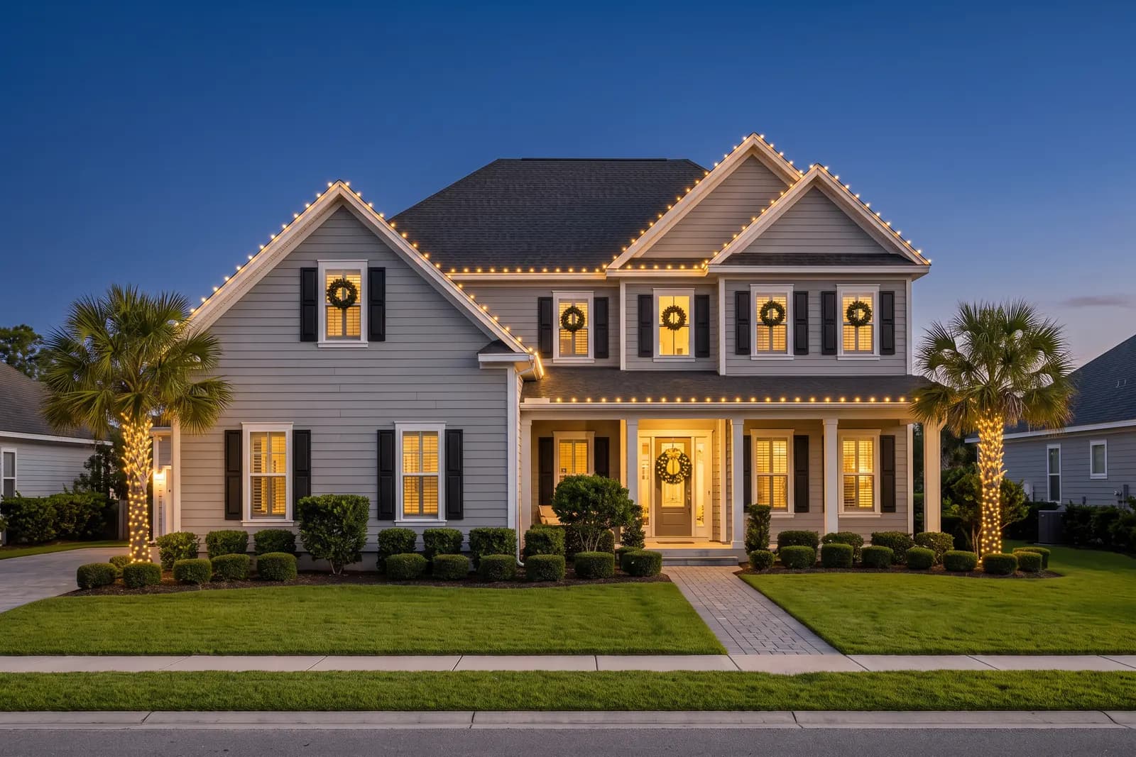 The same two-story home from the same angle at dusk, with warm-white bulbs outlining every roofline and gable, lit wreaths on the door and upper windows, and light-wrapped palm trunks.